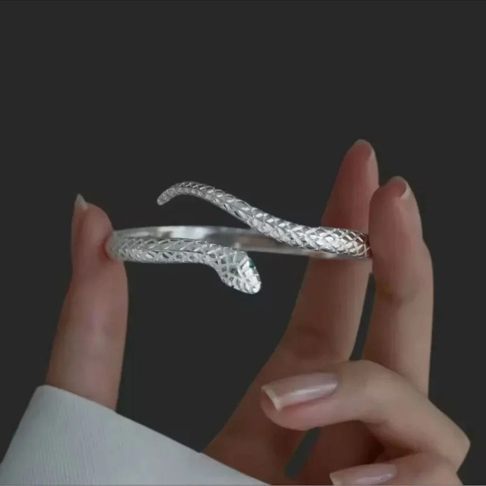 Serpenti Snake Silver Waterproof Green Eyes Cuff Bracelet